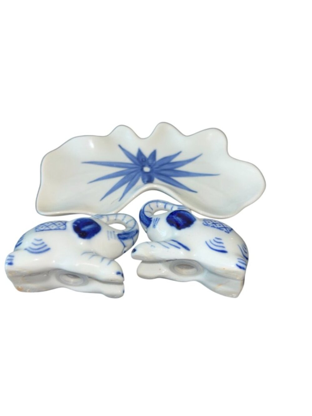 Blue & White Ceramic Elephant Salt & Pepper Shakers With Matching Tray Handcraft